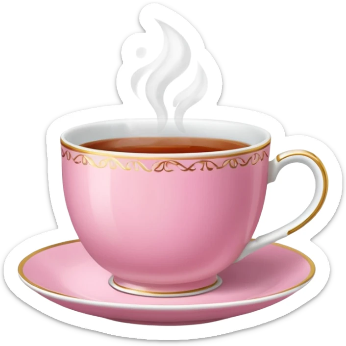 An emoji of a steaming hot cup of tea. The cup should be pink, the tea should be breakfast tea colours and the background should be transparent sticker