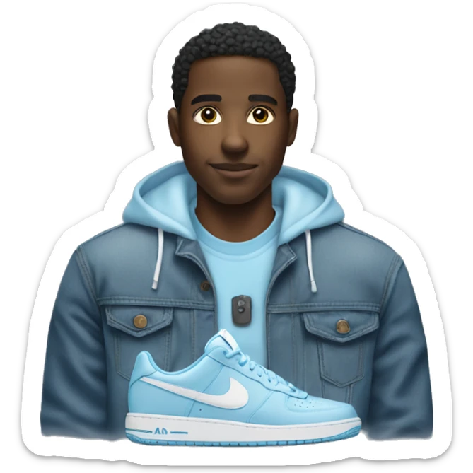 Make a black man whit a polo hoddie and light blue jean and Nike air sticker