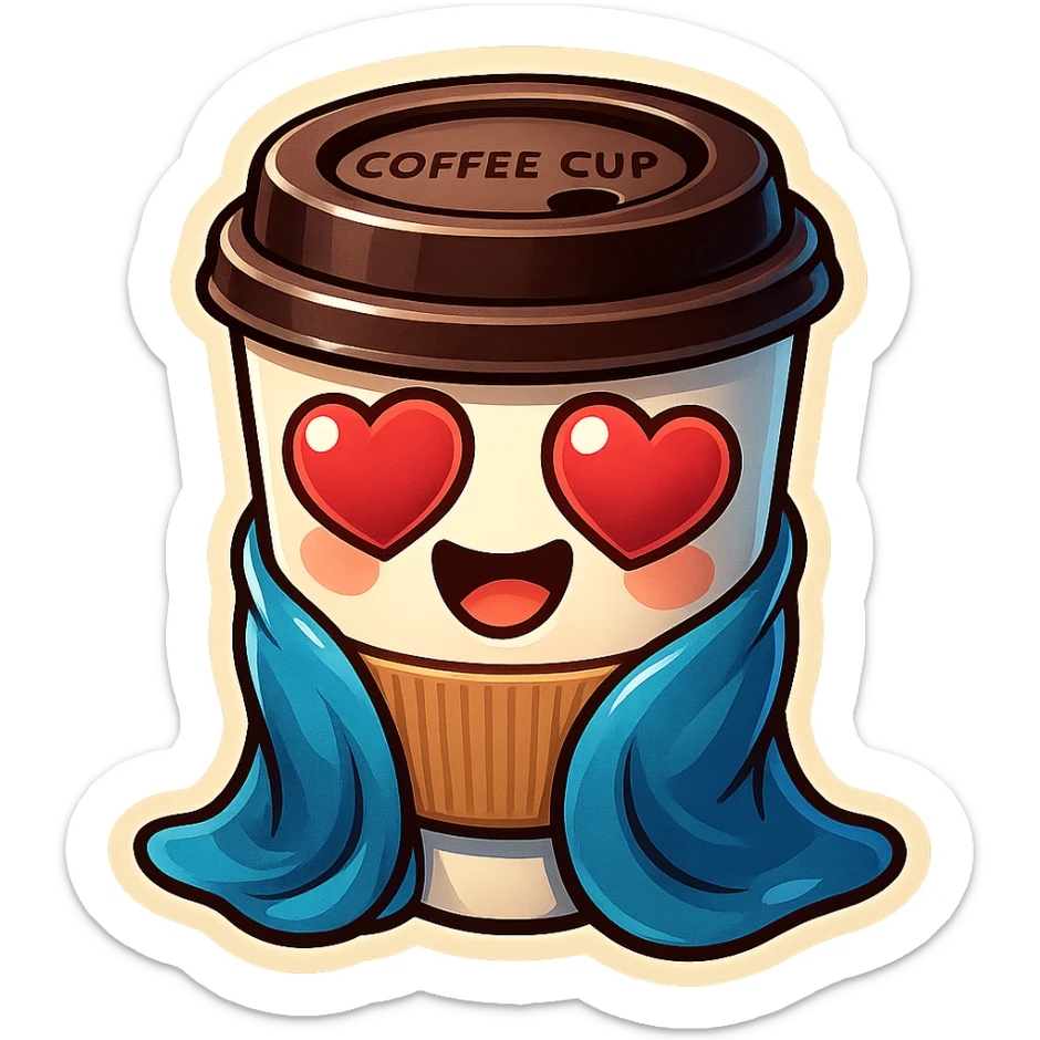 Ink wash style, coffee cup creature, big heart eyes, dopey smile sticker