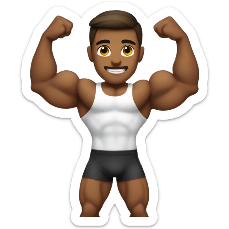 Bodybuilder with a brown tan, dark slick back hair, flexing his biceps sticker