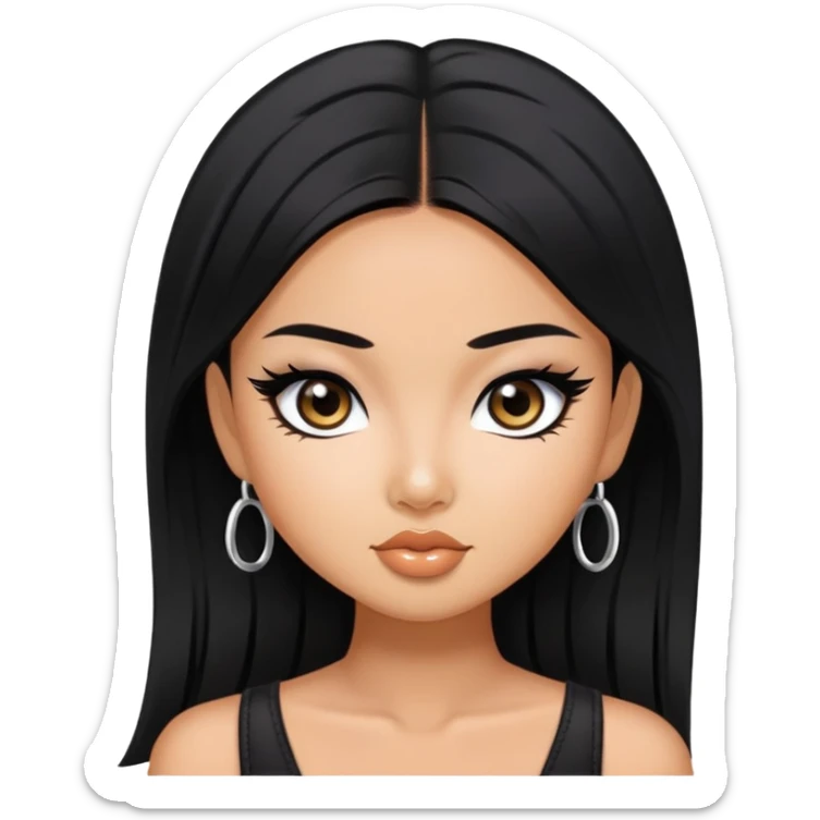 asian tanned beauty standard, black hair, pretty bratz baddie, black eyeliner sticker