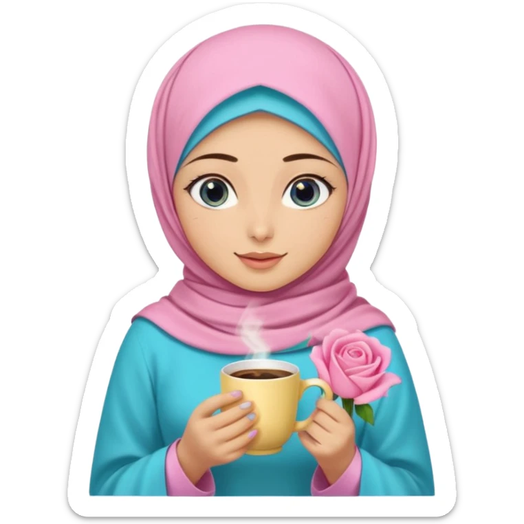 Turkish beautiful finish Konya three girls blue eyes with pink rose and turkis butter yellow hijab islamic dress and had on her hand turkish coffee   sticker