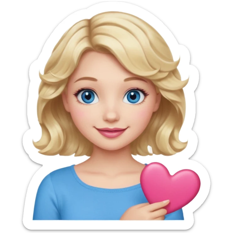 Girl Blonde short wavy hair,  blue eyes, cute blue top, long lashes, pink lips, smiling, holding hearts sticker
