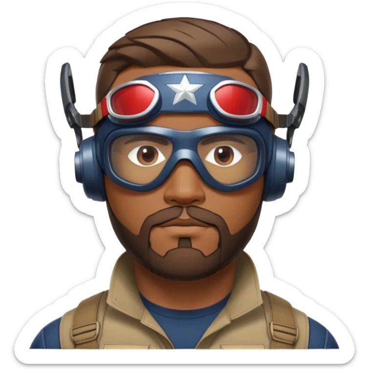 sam wilson with very short hair, close to the scalp and  a well-groomed beard that connects to his mustache,  wear sleek, red-tinted tactical goggles fit snugly from captain america: civil war sticker