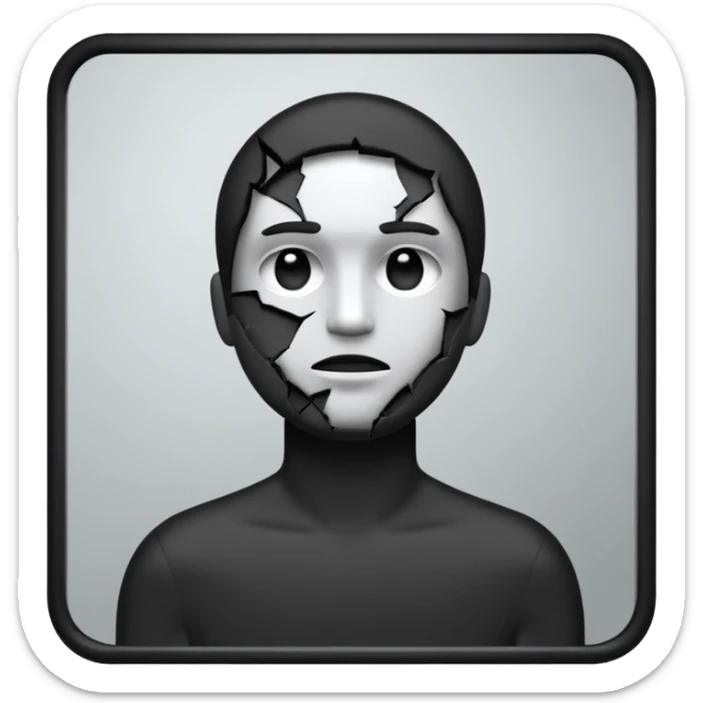Minimalist emoji-style sticker of a person standing in front of a cracked mirror. The mirror shows a dark shadowy silhouette or distorted figure instead of a reflection. Flat black and white design with muted gray tones. No text. Bold, clean lines. Square composition. No shading or gradients. sticker