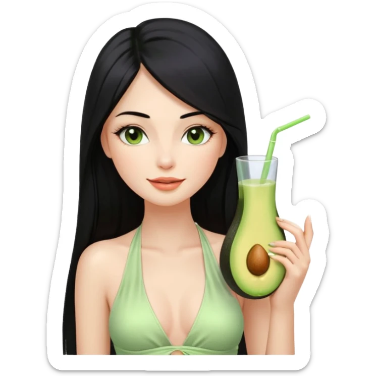 Long black hair with no bangs, very straight hair, pretty face. Wearing white plain halter top. Blushed cheeks, long lashes, nude glossy lips. One eyes with wink. One hand with avocado juice. sticker