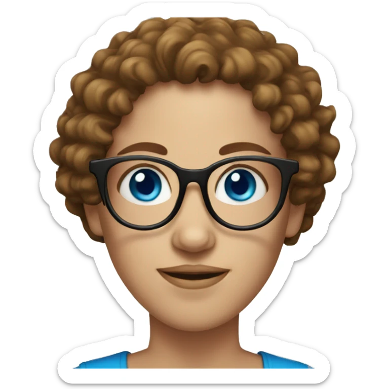 Face with blue eyes, female with curly brown hair, black glasses sticker