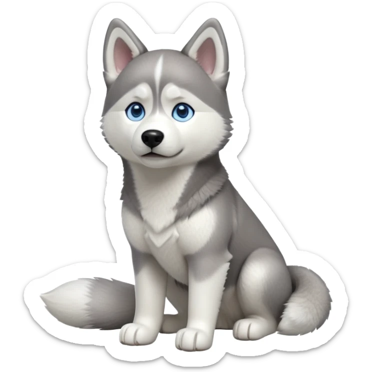 cinematic-[siberian husky]-realistic-full-body-standing-emoji,-tail-resting-loosely-beside-its-paws,blue eyes-head-tilted-dramatically, -fluffy-[grey and white]-fur,-simplified-yet-realistic-focused-features,-highly-detailed,-glowing-with-an-almost-sarcastic-glow sticker
