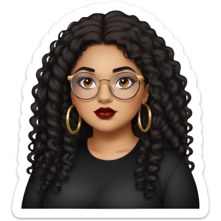teen big plus size, latina, darker tan skin, gold hoops, long black curly hair, baddie,pretty, makeup, dark red lipgloss, black eyeliner, long hair, black shirt, BLACK glasses sticker