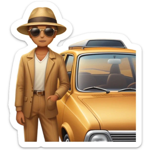 A parked car rests on the side of a long with a person outside , empty road stretching toward a golden sunset. The sky glows with warm colors, and the landscape ahead feels open, peaceful, and full of promise. love  sticker