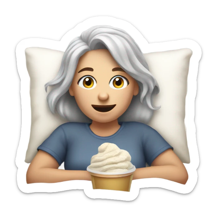 a caucasian gray hair girl laying in bed while watching tv and eating icecream sticker
