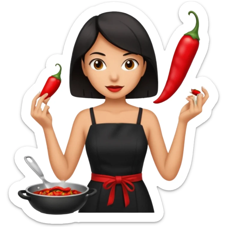 black short shoulder length hair tanned woman, black dress cooking, holding chili pepper sticker