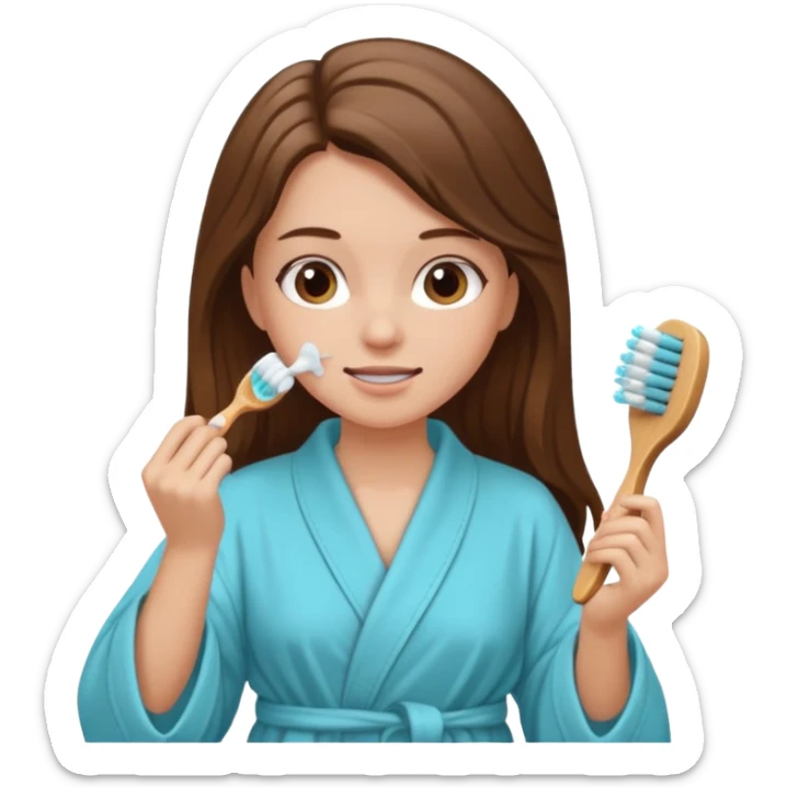 clean white girl long brown hair in robe brushing teeth hair up after shower  sticker