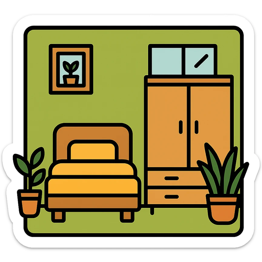 Organizing bedroom with olive green walls, wood bed, plants around, and wood closet sticker