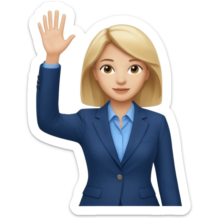 Make emoji of business woman with light skin and medium blonde hair in a dark blue business suit and light blue shirt waiving to new clients sticker