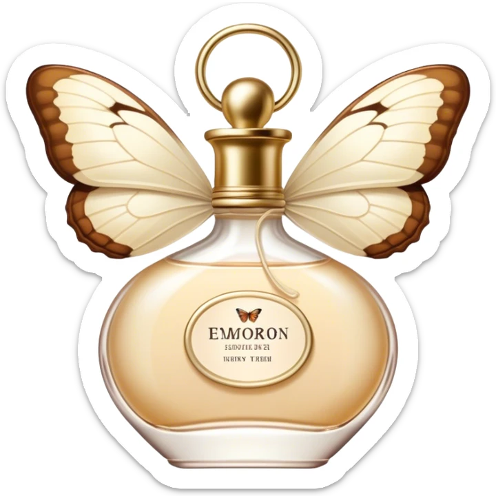 A delicate butterfly with wings in ivory and beige, and a flacon of vintage-style cream aesthetic perfume sticker