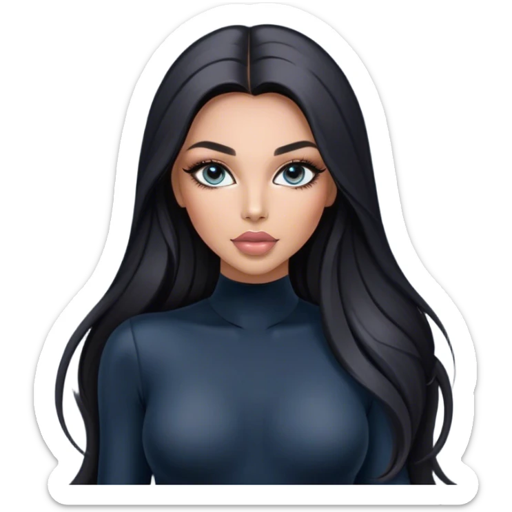 Glamours, tanned, very beautiful girl, with big pump peach-beige-rose lips, long long lashes, black straight smooth silky long hair, straight parting hair, blue-grey eyes in black long-sleeves bodysuit sticker