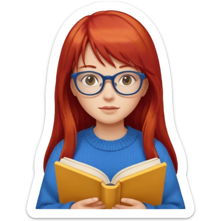 a girl with long red hair and bangs with glasses wearing blue sweater reading a yellow cover book sticker