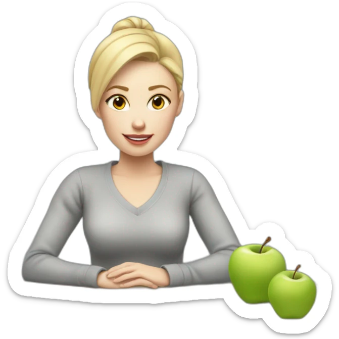 Woman with pale skin, short blonde ponytail and gray sweater sitting at table with Apple laptop sticker