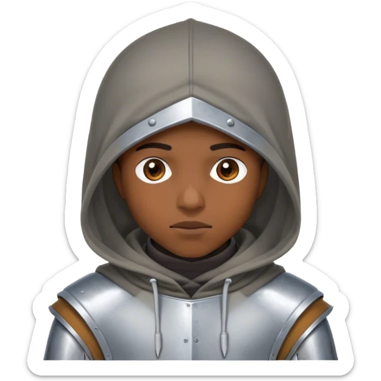 Young African-American hacker in a hoodie peeking through the visor of a Knight helmet while in the hoodie sticker
