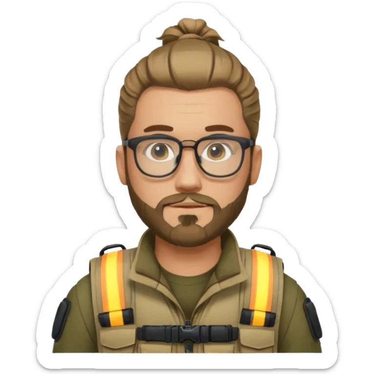 emoji of a man with a man bun, beard, glasses, and tactical vest sticker