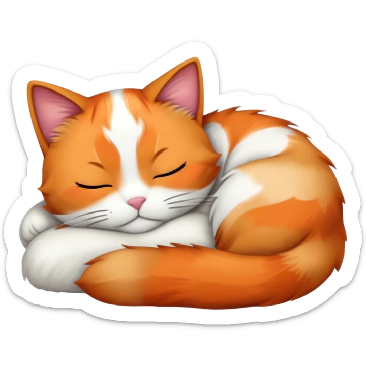 Meme-Worthy Cute Sleeping Calico Cat Portrait Emoji, Head resting peacefully with a content, gentle smile and softly closed eyes, featuring a delicate patchwork fur in vibrant orange, black, and white hues, simplified yet irresistibly endearing, highly detailed, glowing with a soft, drowsy radiance, high shine, exuding relaxed and utterly lovable charm, styled with a gentle, soft glowing outline, capturing the essence of a sleeping calico cat that appears destined to become a viral icon of adorable rest! sticker