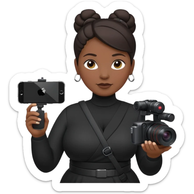 middle aged, plump woman photographer with dark hair, slicked back in a bun, wearing black clothes, carrying a canon r5, and an iPhone on a gimbal sticker