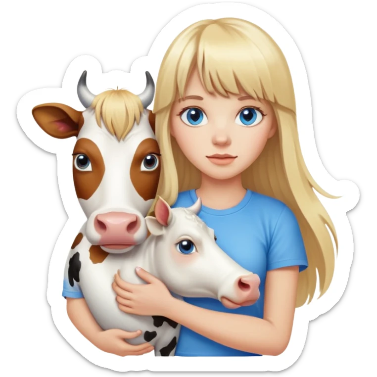 Woman whit hair long and blonde bangs in front, blue eyes, white t shirt carry a cow  sticker