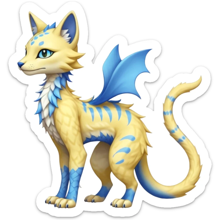 Kawaii yellow and blue beautiful pretty elegant divine edgy fantasy feline-vernid-sergal-fursona animal creature with a tufted tail full body with intricate markings  sticker