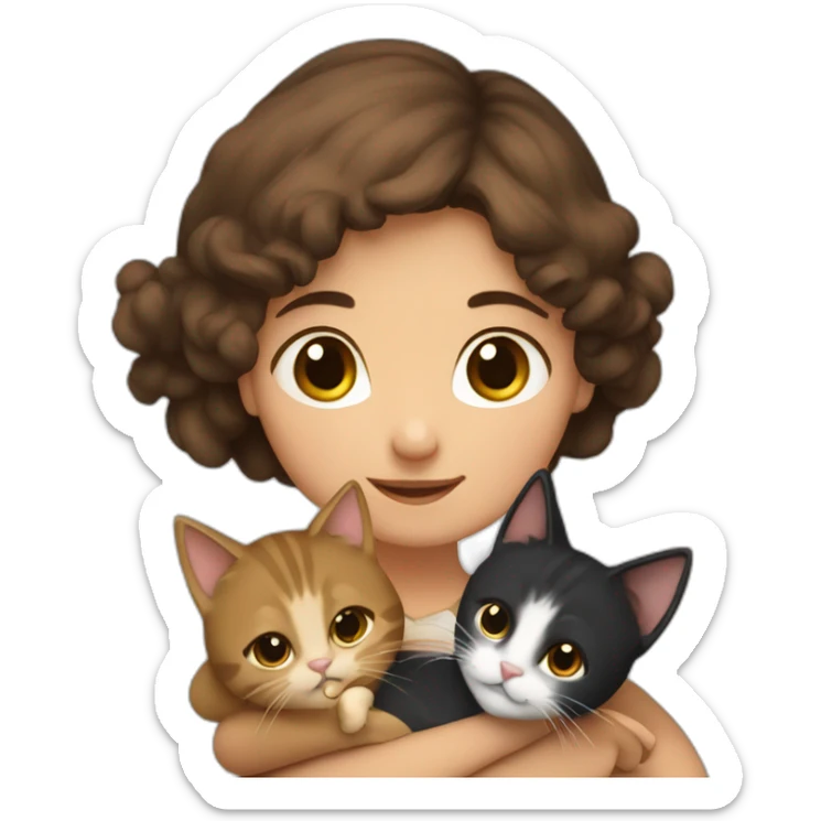 a young girl with brown hair and with two cats hugging her, one black and the other snowshoe sticker