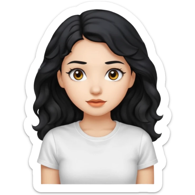 Beautiful girl,Black hair,wavy hair long hair,Black eyes, white T-shirt sticker