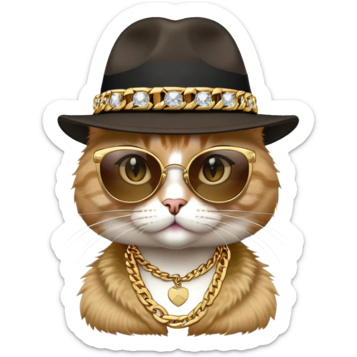 female cat head and shoulders wearing Run DMC hip-hop outfit, fedora, dark sunglasses, many gold chains, bling accessories sticker
