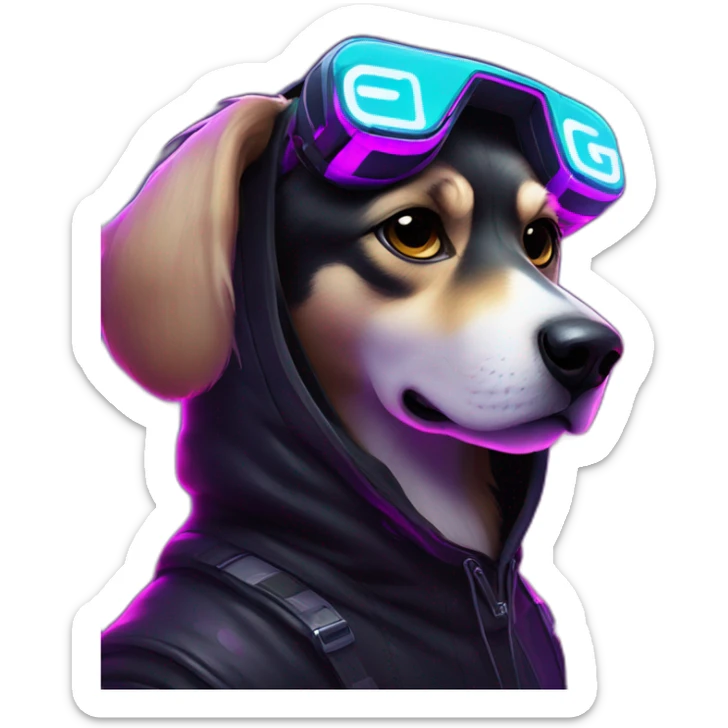 Russian dog wearing a black hoodie with "OMG" letters on it and VR headset in a cyberpunk VR environment with violet neon lighting. sticker