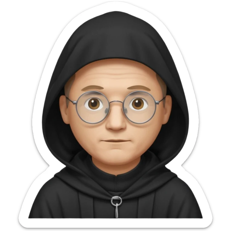 Monk priest prayer black habit with hood round black glasses done light brown wavy hair under hood remove the medallion smaller more round glassed age 46 remove necklace thinner or more oval face  sticker