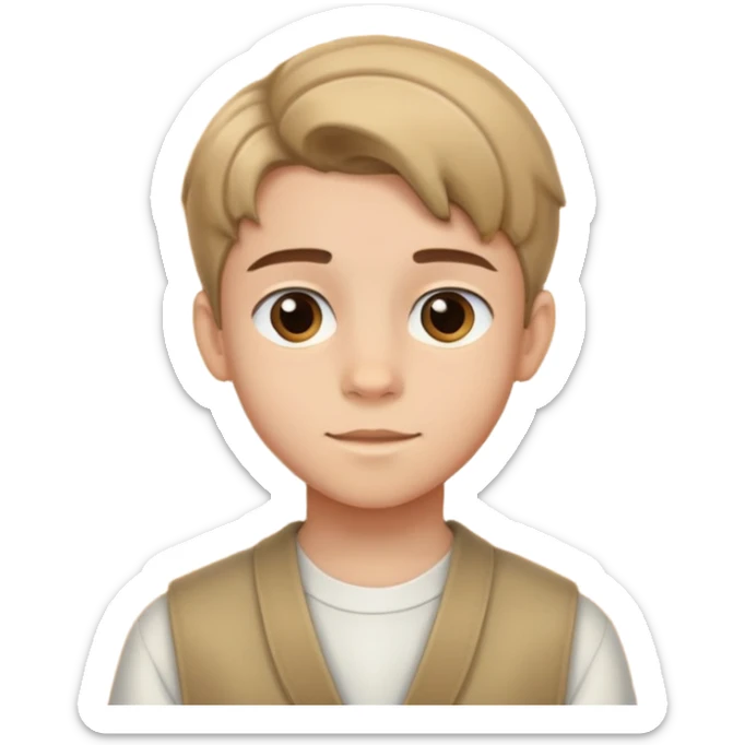 14-year-old boy with light skin, brown curtain hairstyle parted in the middle, warm friendly expression sticker