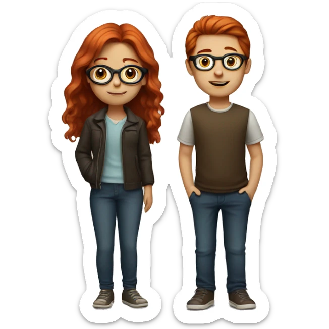 red hair girl with brown hair boy in glasses sticker