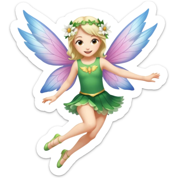 A winged flower fairy white skin girl, wearing a short skirt, one leg straight and the other bent, her body tilted, in a flying pose. sticker