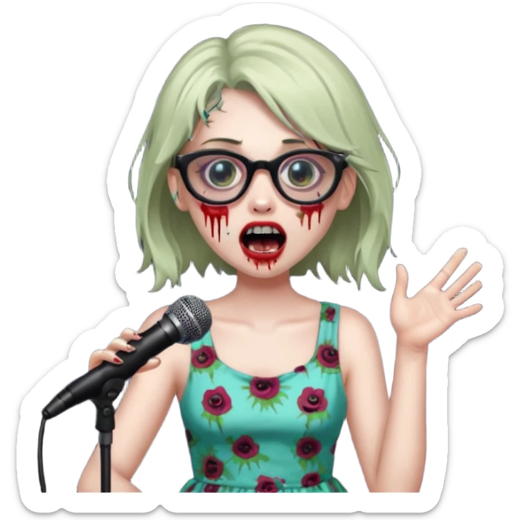 singer, Zombie girl, super happy, wearing dress, singing to mic, glasses sticker
