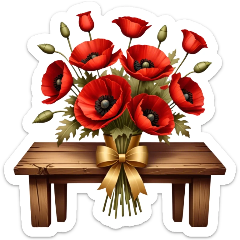 A lush bouquet of deep red poppies tied with a faded gold ribbon, resting on an antique wooden table. Warm brown leaves and golden sunlight add a vintage charm. sticker