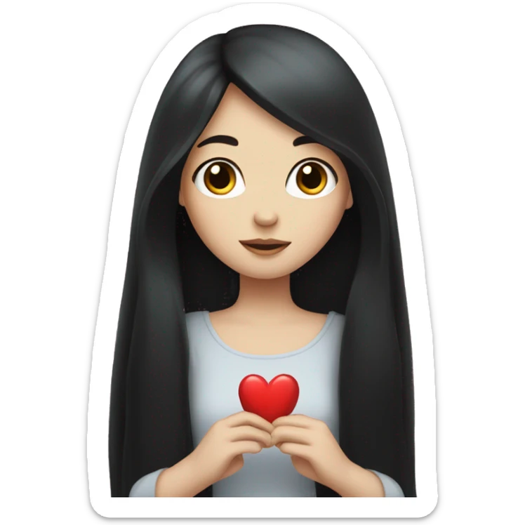 Pale girl with long black hair holding heart in her hands  sticker