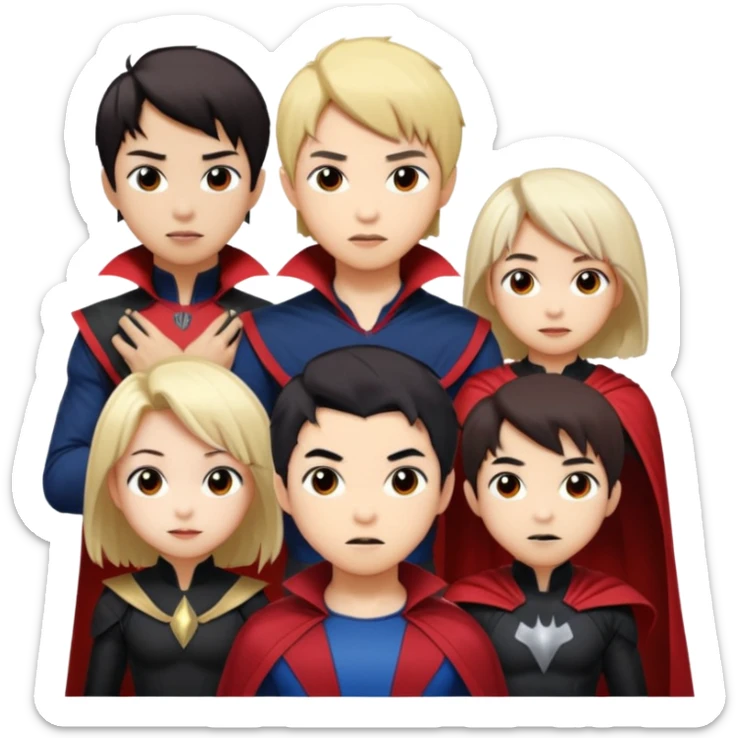 Solo poly platonic relationship, one is south African girl, one is Asian boy, one is biracial features Asian tomboy girl with anime short hair with long hair, vampire and marvel cosplay elements inspired. Could we can less human skin seems so it does not seem racist or something, use marvel colours  sticker
