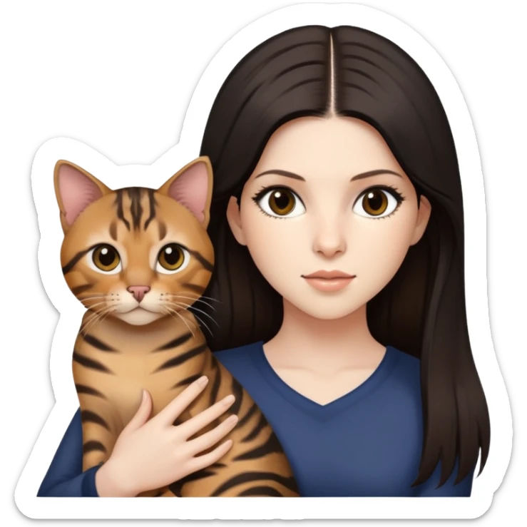 anna kendrick with black strait hair and brown eyes with bengal cat on her hand sticker