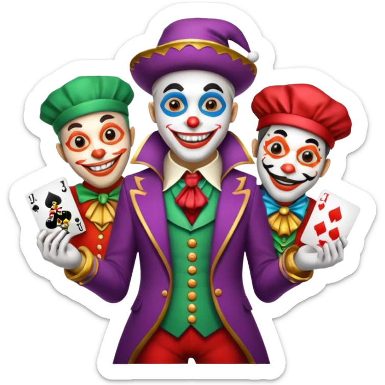 3 poker cards, with crazy colorful human jolly jokers inside, face and body only sticker