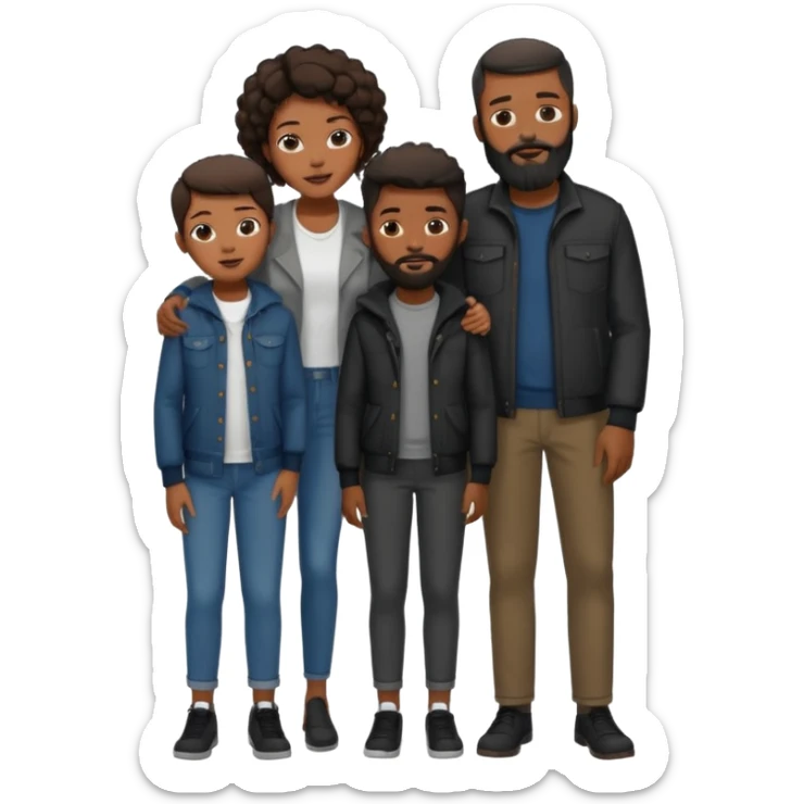 A loving black family of four (4). With a mother,  a little brother, a 15 yr old daughter, and a father with a beard, all dressed in urban chic clothing sticker