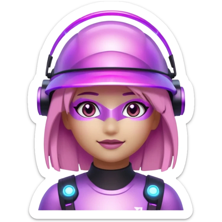 “Futuristic Roblox girl emoji, 2050 style. Pink-purple holo visor, light-strand hair, digital eyes sparkle, metallic pastel glow, neon aura background.” sticker