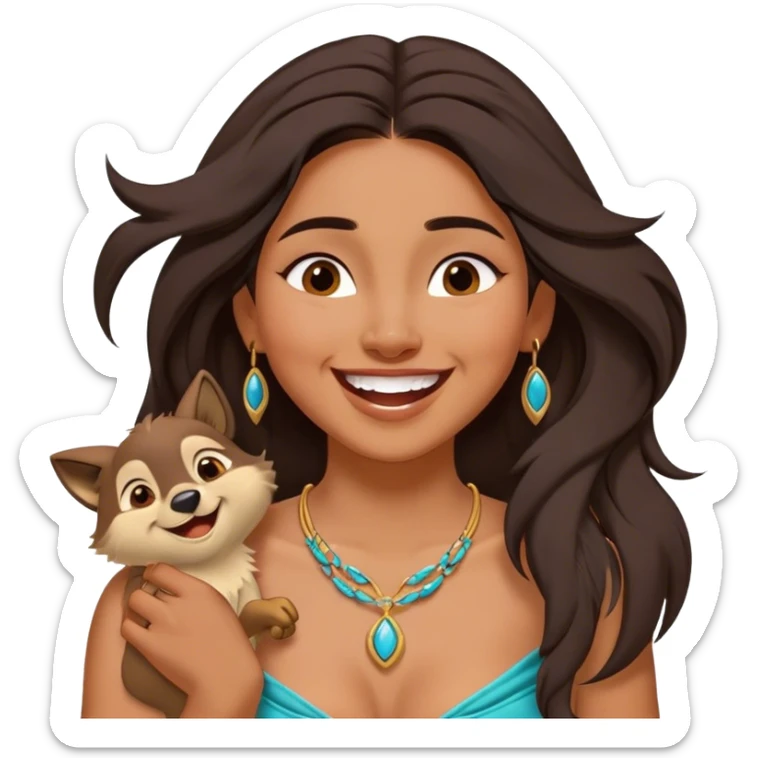Cinematic Adorable Pocahontas Portrait Emoji, Laughing softly as Meeko tugs at her necklace, hair tousled in the wind, eyes full of warmth, a carefree spirit shining through, capturing the essence of beauty and playfulness! sticker