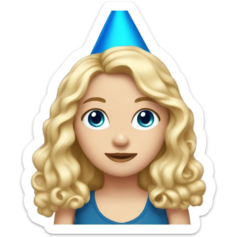 White Girl with blue eyes long curly blonde hair wearing a party hat   sticker