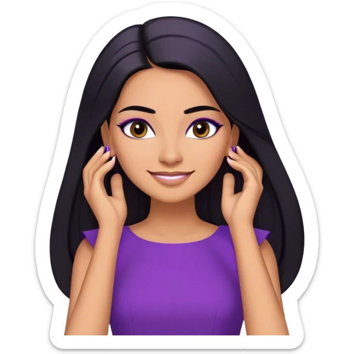 beautiful woman boss, with long straight black hair, with make up, black eye liner, smile, mexican, brown skin, wearing purple dress, she stand up, she replace hair behind her ear sticker