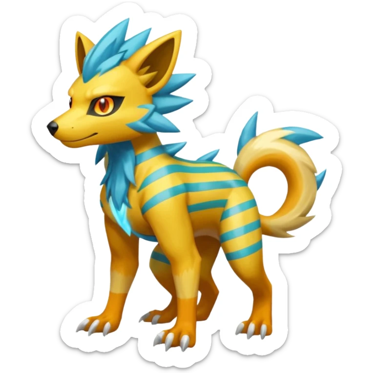 Cyan manectric-Electrike-Zeraora-fusion with neon-green stripes and orange eyes (full body) sticker