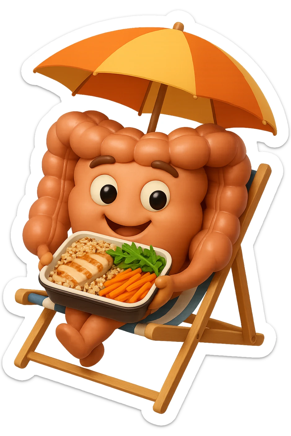 EMOJI STILE IPHONE DI INTESTINO IN SPIAGGIA SU UNA SPIAGGINA SOTTO L'OMBRELLONE CON IN MANO UNA SCHISCETTA DI Insalata di quinoa e pollo con rucola e carote, iperrealistica 4k sticker